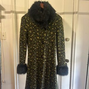 Betsey Johnson Leopard Long Sweater Jacket With Faux Fur Collar And Cuffs Medium